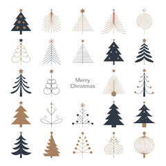 Collection of twenty one christmas trees with different designs and styles in gold and dark blue colors