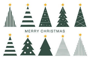 Illustration of ten christmas trees with different designs and a merry christmas text in the middle