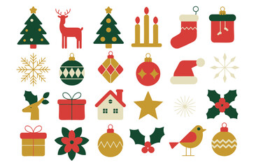 Illustration of christmas themed icons including trees reindeer ornaments and holiday decorations set on white