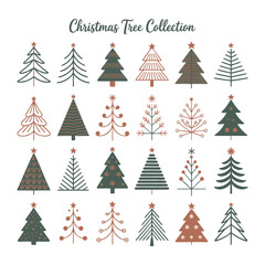 Obraz premium Illustration of twenty christmas trees with various designs and star toppers arranged in a grid pattern
