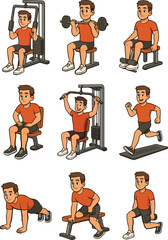 Cartoon Man Doing Different Gym Exercises and Workout Routines cartoon illustrations stickers