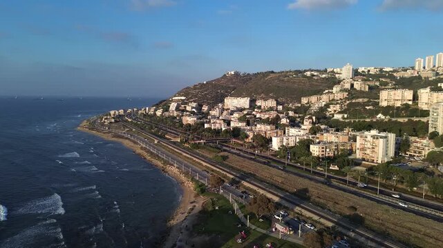 Beautiful aerial view of road to Bat Galim, neighborhood in Haifa, Israel,located at foot of Mount Carmel on the Mediterranean coast , video footage.Bat Galim is known for its promenade and beaches