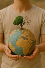 Symbol f&uuml;r Klimawandel: Mensch h&auml;lt Erde mit halbtotem Baum