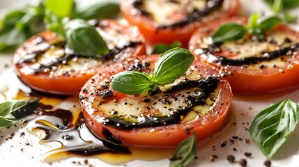 Grilled tomato slices topped with balsamic glaze and basil.