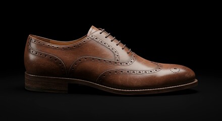 Classic Brown Leather Brogue Oxford Shoe on Black Background