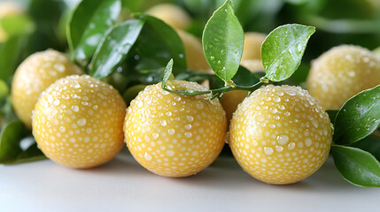 Fresh Kumquats with Water Droplets on Branch