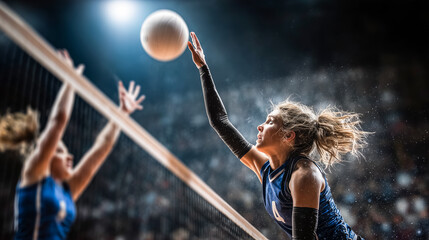 Volleyball player spikes the ball during a competitive match.
