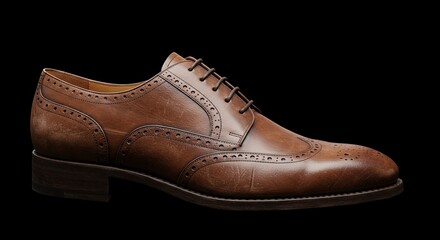 Elegant Brown Leather Oxford Brogue Shoe Isolated on Black Background for Men's Classic Formal Wear and Business Fashion