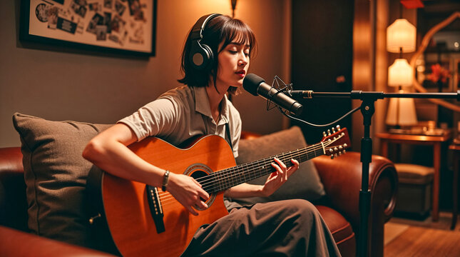 A woman sings and plays acoustic guitar in a warm, cozy recording setting. - Powered by Adobe