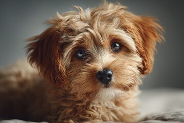 Cute small dog with shaggy fur resting calmly in soft light indoors