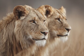Obraz premium Majestic lions resting in tall grass during a golden sunset in the African savanna