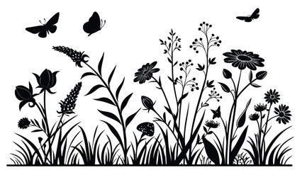 Floral Garden Silhouette Border Vector, Wildflowers and Butterflies Design