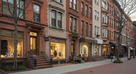 A street scene with charming, well-maintained, historic-style buildings.  Various store fronts