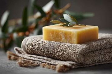 Natural handmade soap rests on a soft towel surrounded by fresh greenery in a serene setting