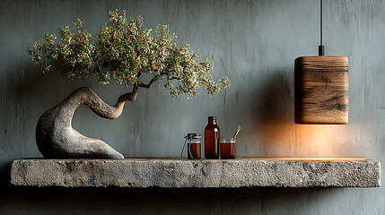 old wooden table with bonsai