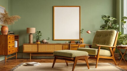 Mid-century modern living room interior with light green accents.