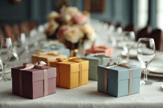 Colorful gift boxes arranged on a beautifully set dining table for a celebration event in a stylish indoor venue