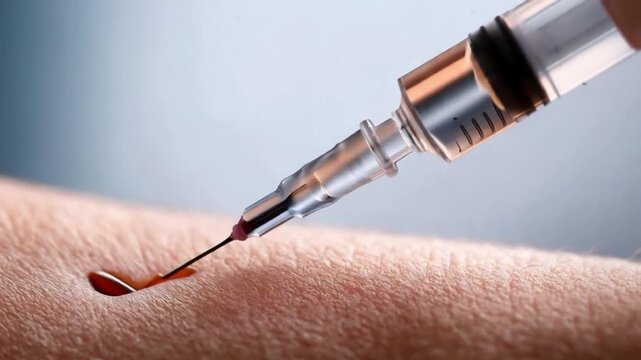 A dramatic cinematic close-up of a needle injecting vaccine into human skin, showcasing the precise medical procedure with intense lighting that highlights the texture, care and vaccination