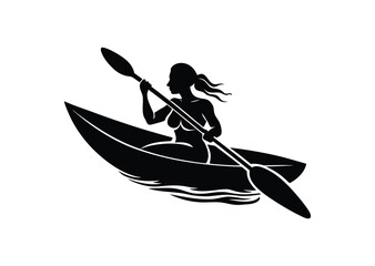 A Woman kayaking Silhouette black Vector white Background