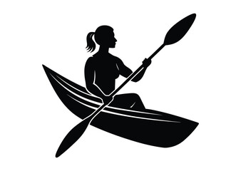 A Woman kayaking Silhouette black Vector white Background