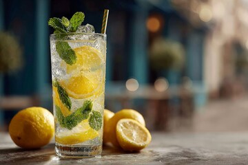 Refreshing lemon mint drink served in a tall glass on a sunny outdoor patio with a blurred background