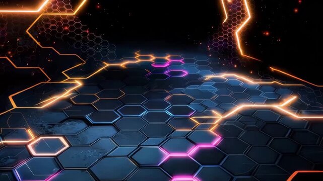 Futuristic digital hexagon grid glowing neon lines orange pink purple high tech abstract technology background dark metallic dynamic light pattern