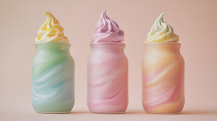 Three pastel rainbow swirl drinks in glass bottles with whipped cream topping