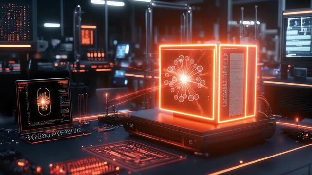 Quantum computer glowing with futuristic technology and digital interface in dark laboratory featuring holographic displays and advanced setup