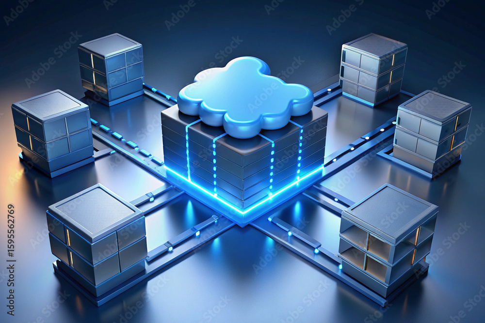 Poster data center with rows of servers and a glowing blue cloud symbol representing cloud computing tech