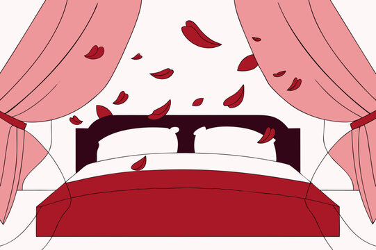 Romantic bedroom with rose petals and pink curtains  