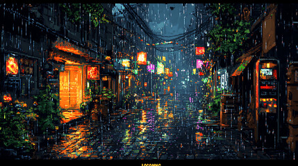 Pixel Art Rainy Night City Street Scene - Neon Lights and Wet Pavement
