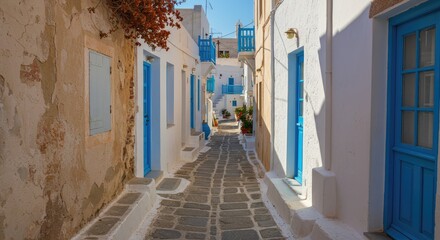 Fototapeta premium A sun-drenched alleyway in a whitewashed village, with blue doors and balconies. Bright sunlight illuminates the narrow street