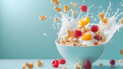 Delicious cereal splash with fresh raspberries and berries in a blue bowl