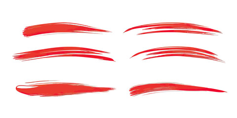 Set of six red brush stroke accents with flowing swoosh shapes in flat minimalist vector style for graphic design and emphasis elements