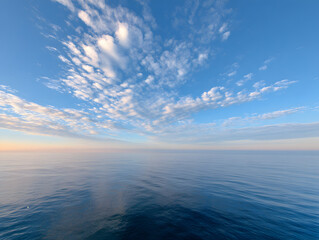 Obraz premium Panoramic View of Calm Ocean Under Soft Cloudy Sky at Sunset with Reflections and Distant Seabirds , Serene Seascape Background