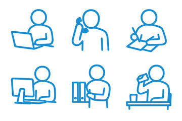 Light blue icons of office tasks like typing, calling, and organizing folders. For workplace UI and app assets.