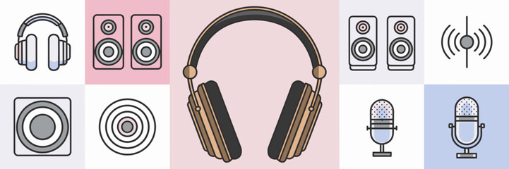 Naklejka premium Vector icons of headphones, speakers, and microphone on colorful backgrounds