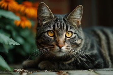 Striped cat with bright eyes resting near vibrant orange flowers in a tranquil garden setting