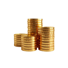 Stacks of shiny golden coins show wealth and abundance on transparent background