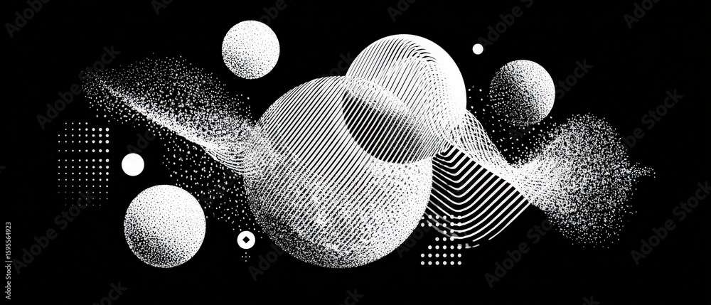 Sticker abstract black and white spheres with halftone pattern and geometric shapes in dynamic composition f