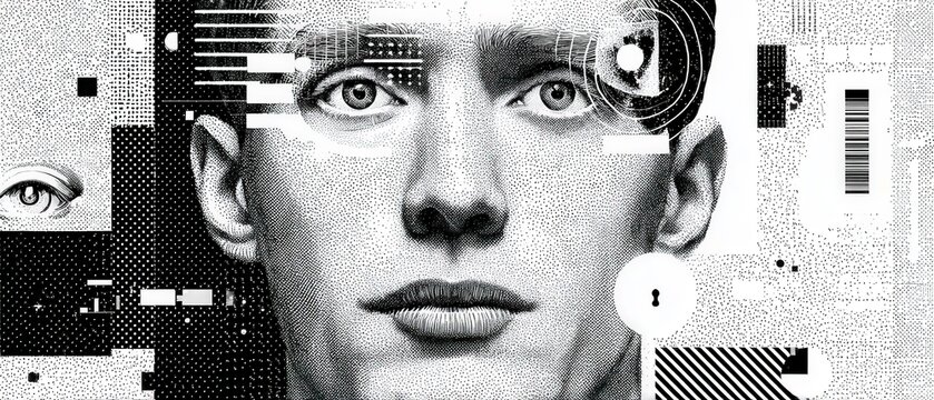 Young mans face with digital glitch art and security elements Concept of data privacy, cyber security, and identity theft in the digital age