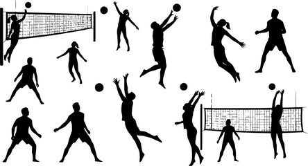 Group of volleyball players, set of isolated vector silhouettes. Team sport, active people. Beach volleyball
