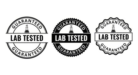 Fototapeta premium Three circular stamps guaranteeing lab tested with a science flask icon