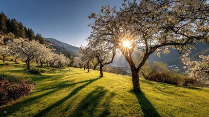 Obraz premium Blossoming trees cast long shadows across a grassy hillside under a vibrant sunrise.