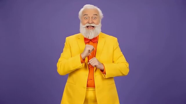 Whitebearded man in a yellow suit and orange shirt waving against a purple background