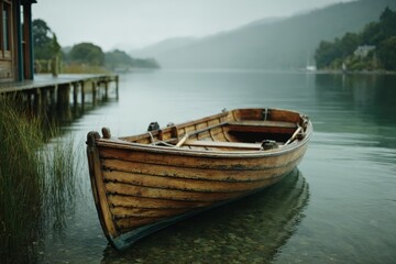 Obraz premium Wooden boat resting quietly in calm water near a dock surrounded by lush green hills during overcast weather