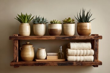 Fototapeta premium Stylish wooden shelf showcasing potted succulents and neatly arranged towels with decorative pottery for a cozy atmosphere
