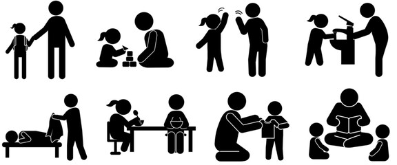 家庭での子育てシーンを描いた親子のシルエットイラストセット