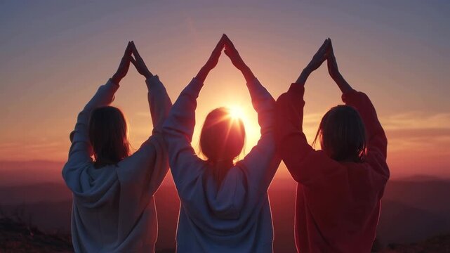 三人が夕焼けを背景に手を重ねるシルエット
