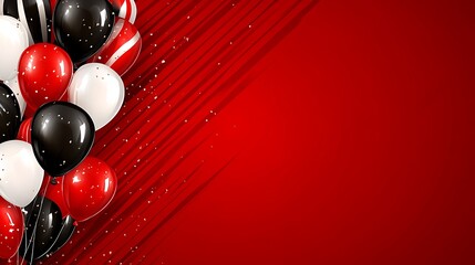 Festive red background with black and white balloons.